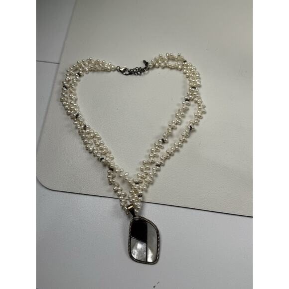 LUC Sterling Silver Necklace Double Strand 18.5" Real Pearl Abalone MOP Pendant - Picture 5 of 11